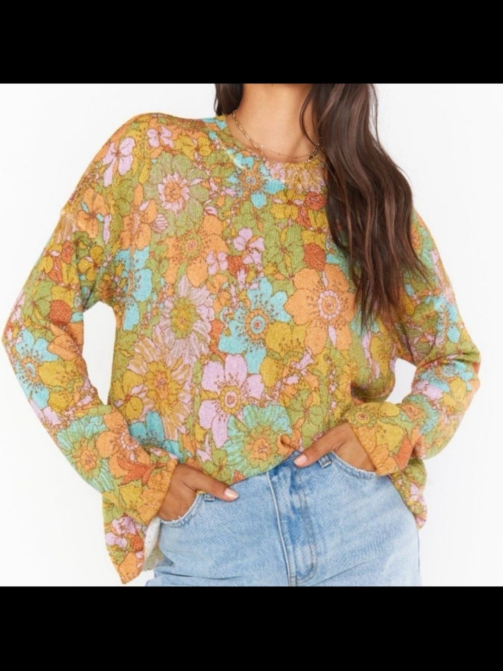 Show Me Your Mumu Sue Pocket Sweater Groovy Blooms Lightweight Oversized Sz XS